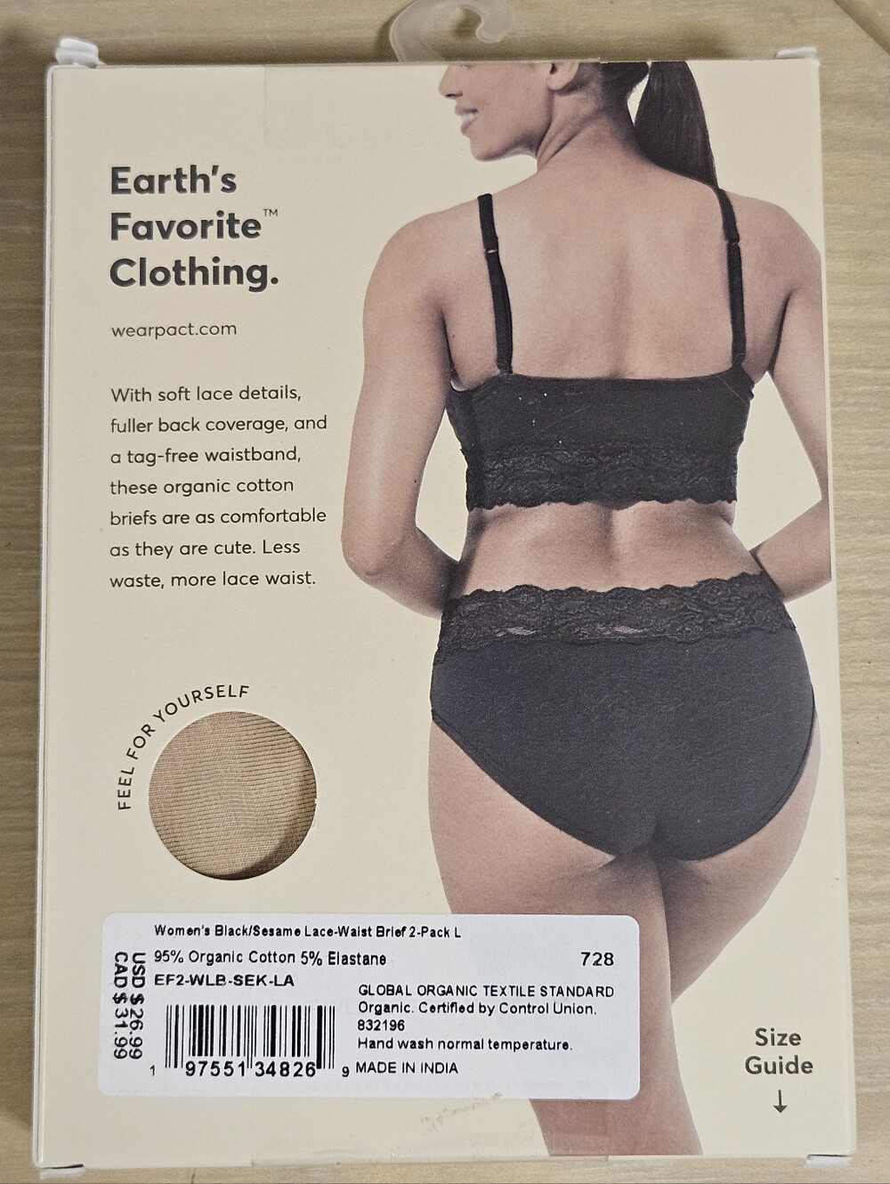 2 Pack Pact Women's Organic Cotton Lace Waist Brief LARGE Black/Pedal Patch NIB - Picture 5 of 5
